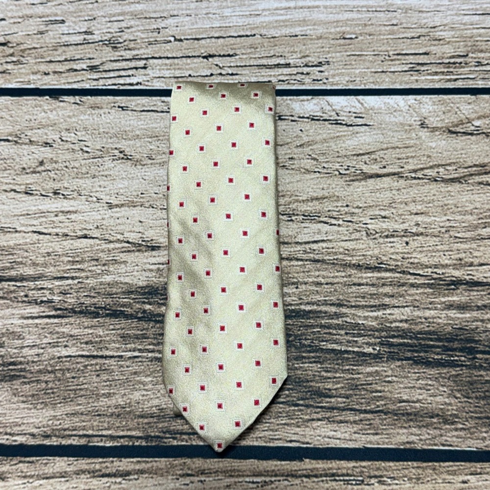Prada Silk Necktie Gold Red Geometric Square Italy Designer Skinny Tie